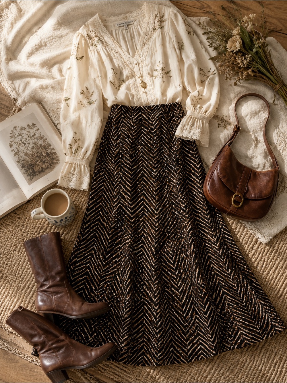 Vintage Laura Ashley Black, Tan, Brown Maxi Skirt